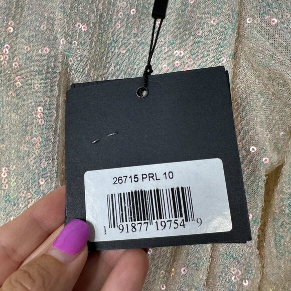 NWT Mac Duggal Sequined Ruched Long Sleeve Boat Neck Gown Pearl 10 #A0193 - Picture 9 of 11